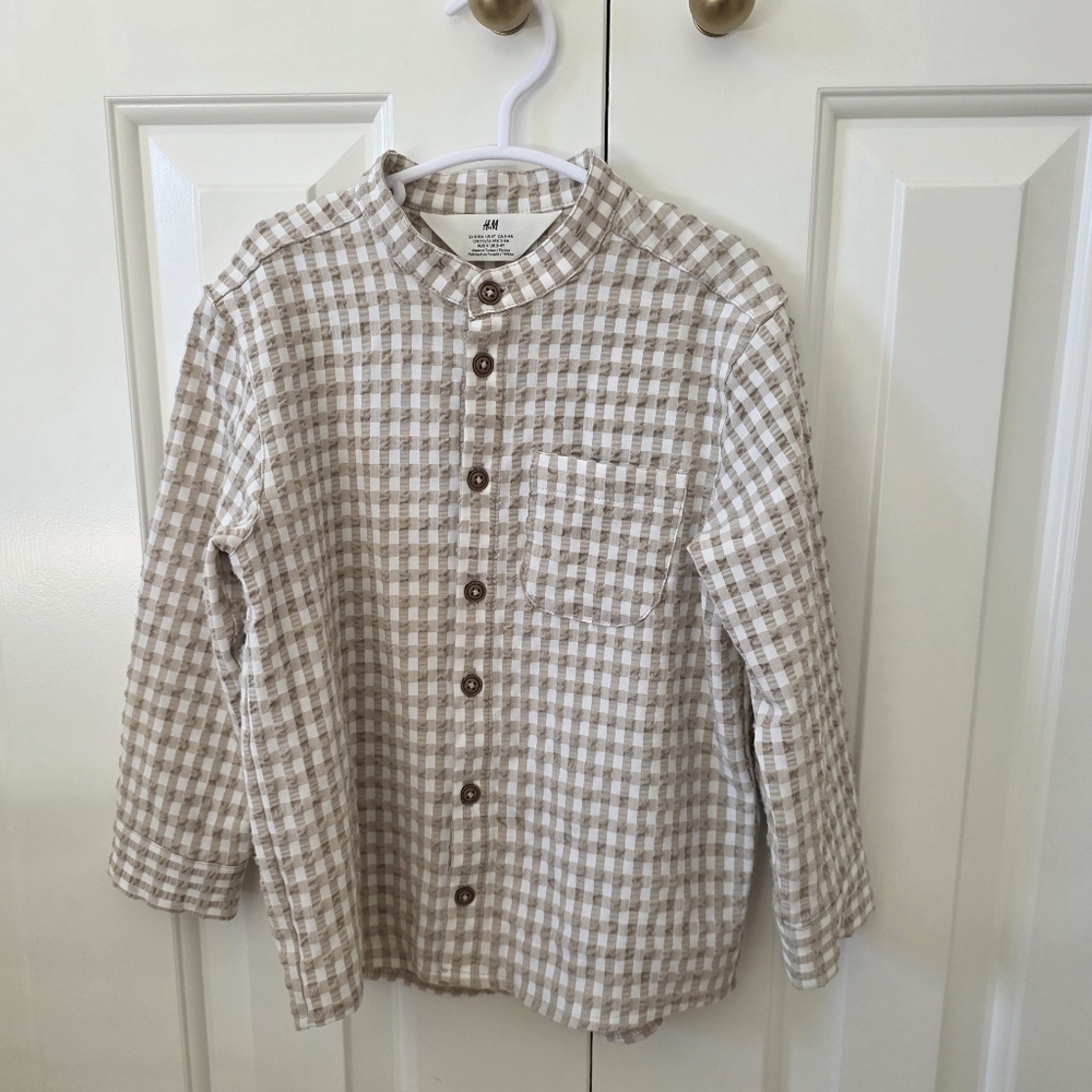Tan + White Check Shirt with Grandad Collar